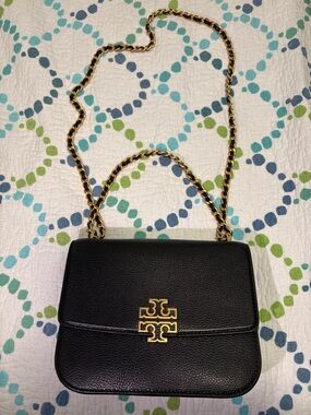 Tory Burch Black Leather Crossbody with Gold Logo and Chain